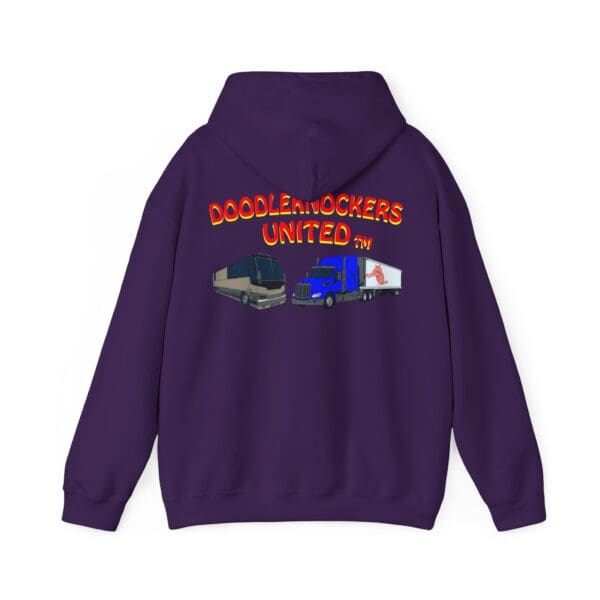 Purple Doodleknockers Bus and Truck Hoodie with "DOODLEKNOCKERS UNITED" in red-yellow text on the back, featuring illustrations of a bus and a truck.