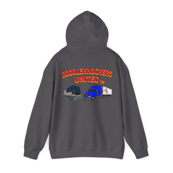 Gray hoodie showcasing illustrations of two trucks, with vibrant orange and red text "DOODLEKNOCKERS UNITED" emblazoned across the back. Product: Doodleknockers Bus and Truck Hoodie.