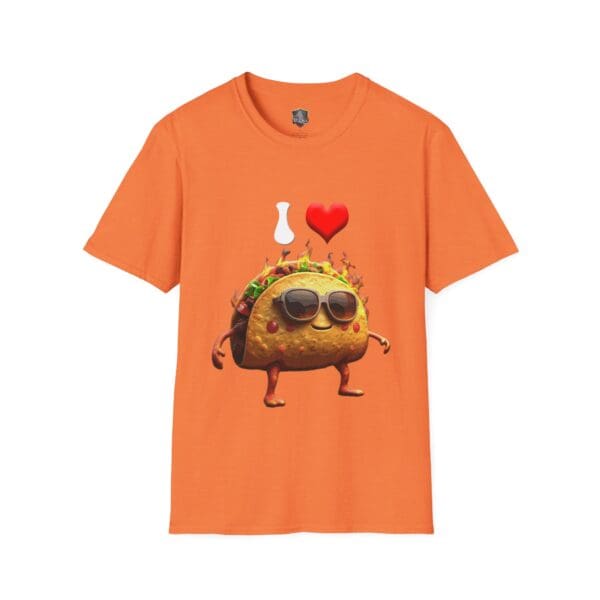 T-shirt in orange that showcases a taco wearing sunglasses and legs, complete with the phrase "I ❤️" above it.