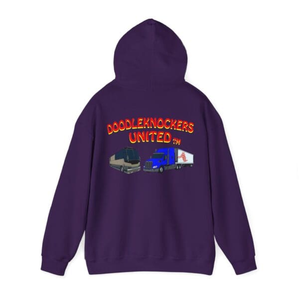 Purple Doodleknockers Bus and Truck Hoodie featuring the text "DOODLEKNOCKERS UNITED FM" above graphics of two trucks on the back.