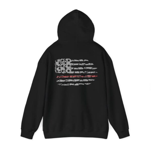 Nurse Support Hoodie in black featuring an American flag design on the back with a thin red line across the center.