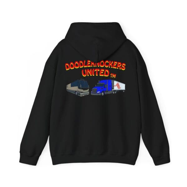 The Doodleknockers Bus and Truck Hoodie is a black hoodie showcasing two trucks and the "Doodleknockers United TM" logo in red and yellow on the back.