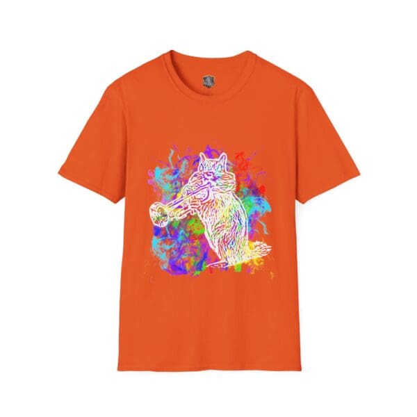 Smoked Chipmunk T-Shirt featuring a vibrant, abstract design of a cat playing a trumpet.