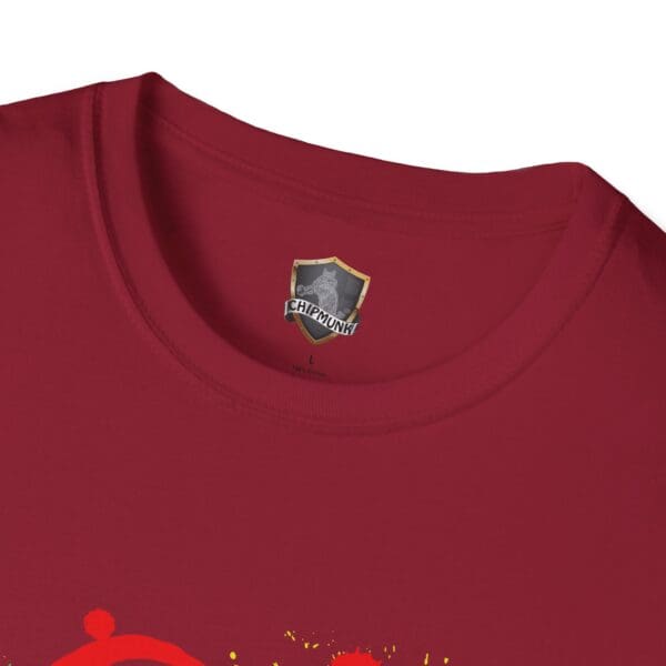 Close-up of a red Splash Chipmunk T-Shirt featuring the "CHIPMUNK" logo on the inner collar tag.