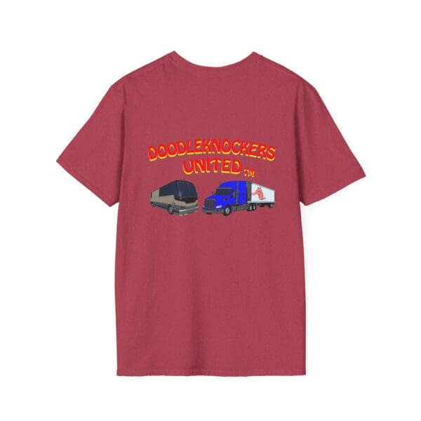 Red "Doodleknockers Bus and Truck" t-shirt featuring illustrations of a bus and a truck.