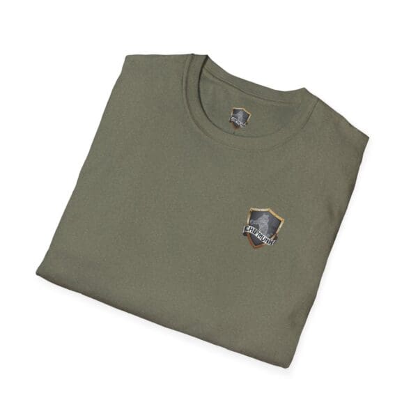 Olive green Doodleknockers Bus and Truck T-Shirt, featuring a small shield logo on the chest with an eagle and the word "Courage.