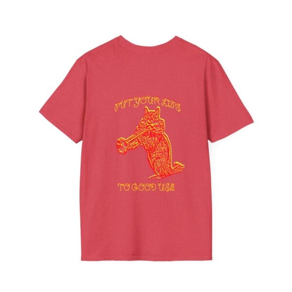 Red T-shirt featuring a yellow outline drawing of an animal playing a horn with the text "PUT YOUR LIPS TO GOOD USE.