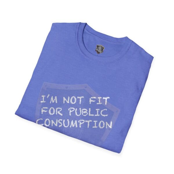 The blue folded shirt features a shield graphic and is labeled as the "I'm Not Fit for Public Consumption" Shirt.