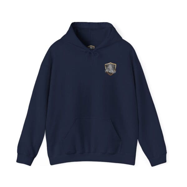 The Show Hoodie in navy blue featuring a small shield emblem on the left chest.