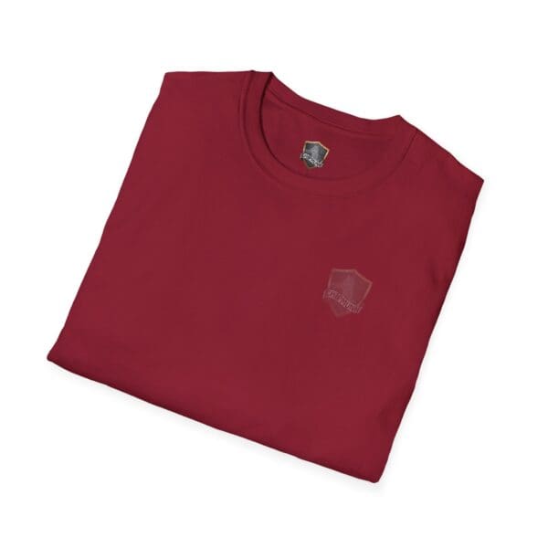 A maroon "You Bought It Because We Brought It T-Shirt" with a small, indistinct shield logo on the chest area.