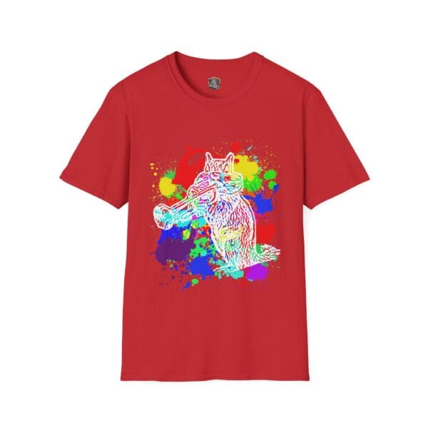 Red T-shirt featuring a vibrant, abstract design of a chipmunk playing a trumpet against a splattered paint background.