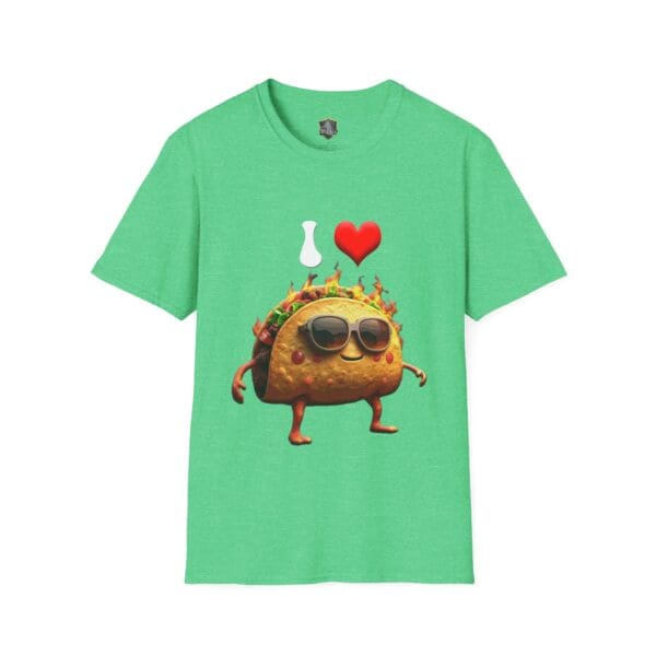 Green t-shirt featuring the "I Love Hot Taco" design with a graphic of a taco wearing sunglasses.