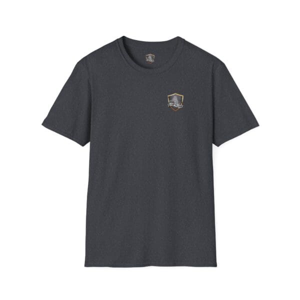 Kick Me T-Shirt in dark gray featuring a small golden emblem on the left chest.