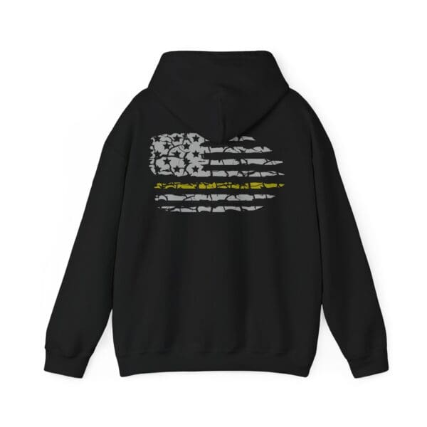 Dispatcher Support Hoodie in black, showcasing a distressed American flag design on the back with a gold stripe running across the center.