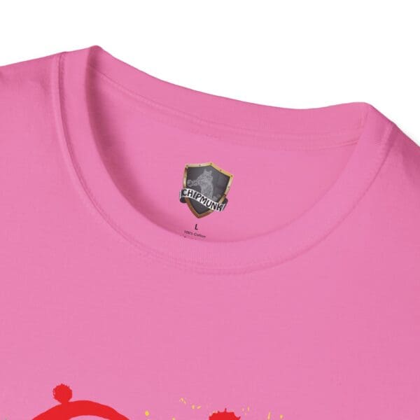 Close-up of a pink Splash Chipmunk T-shirt with a visible neck tag labeled "Splash Chipmunk" and "100% cotton.