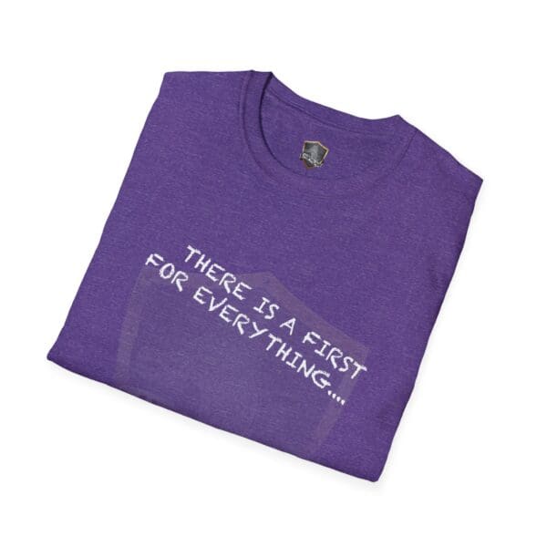 Folded purple t-shirt titled "There's a First for Everything... Except Impressions!" with white text on the front.