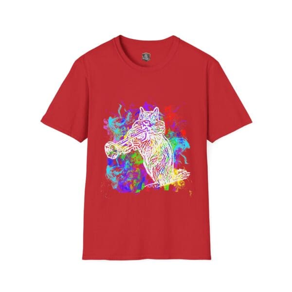 Smoked Chipmunk T-Shirt in red, showcasing a vibrant and abstract design of a cat with a trumpet.