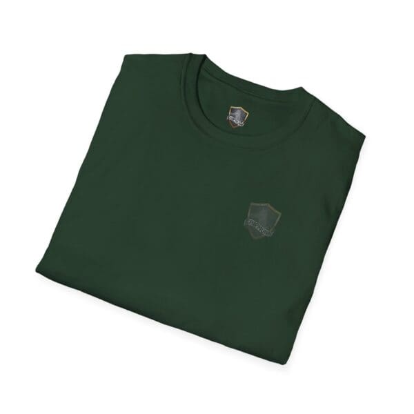 Dark green "You Saw It Because We Brought It" T-shirt with a small shield logo on the front, neatly folded.