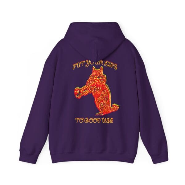 Purple "Put Your Lips To Good Use" hoodie featuring a graphic of a dog playing a trumpet.