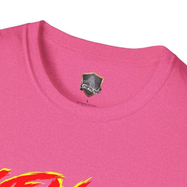 Close-up of a pink Gen X T-Shirt with a Chipmunk brand logo printed inside the collar, featuring a red and yellow graphic design on the front.