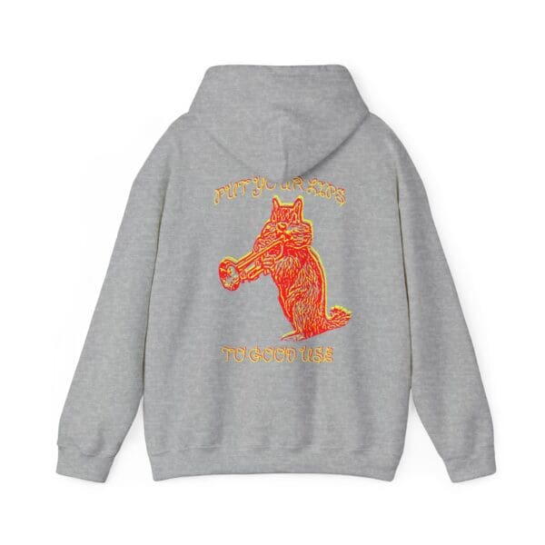 Gray hoodie featuring a red-orange graphic of a wolf with a gun in its mouth, alongside the text "Put Your Lips To Good Use.