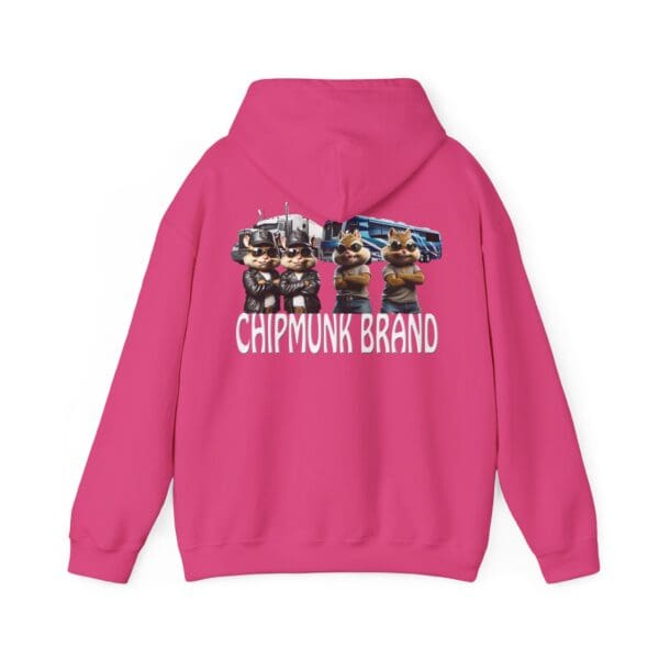 The Chipmunk Family Graphic Hoodie is pink and features cartoon chipmunks along with a truck graphic, plus it has "CHIPMUNK BRAND" text on the back.