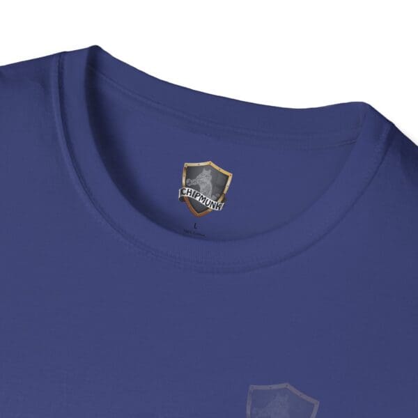 Blue "You Bought It Because We Brought It" t-shirt with a shield logo labeled "Chipmunk" under the collar tag.