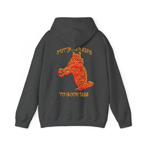 A dark hoodie showcasing an orange, stylized animal playing a trumpet with the text "PUT YOUR LIPS TO GOOD USE.