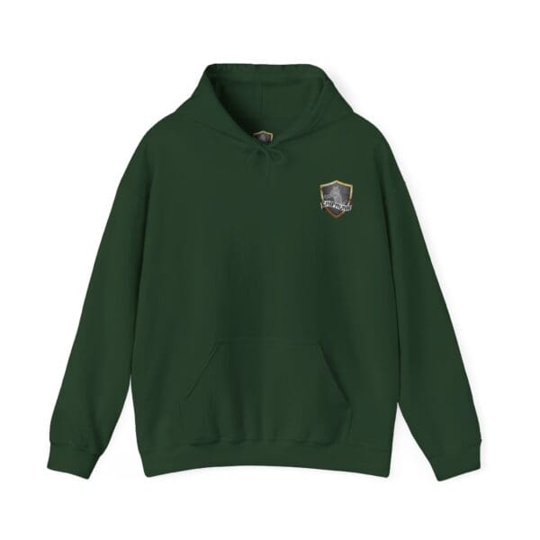 Chipmunk Family Graphic Hoodie in dark green, featuring a hood, front pocket, and a small embroidered badge on the left chest.