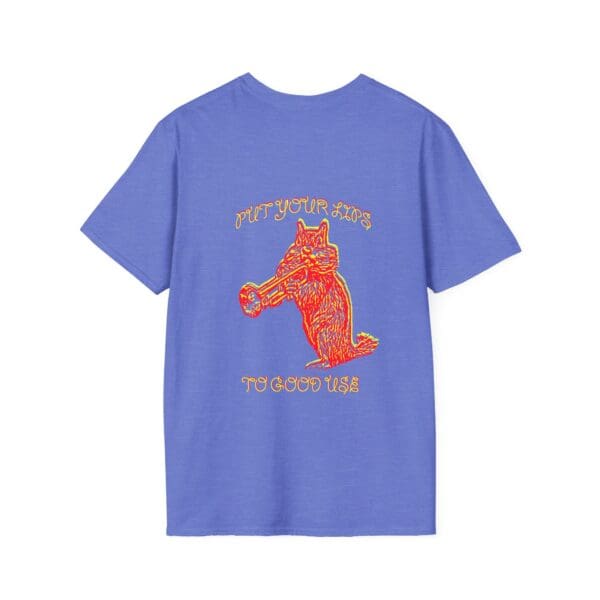 A purple t-shirt showcasing an illustration of a fox playing a trumpet, along with the text "PUT YOUR LIPS TO GOOD USE" in a vibrant and colorful style.