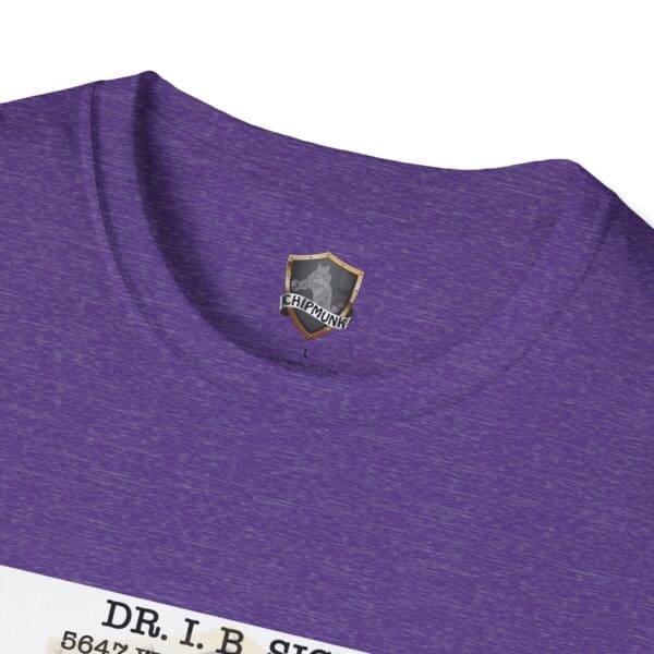 Close-up of a purple Laughter T-Shirt with a Chipmunk brand logo on the inside collar and partially visible text "Dr. I.B. Si...5647.