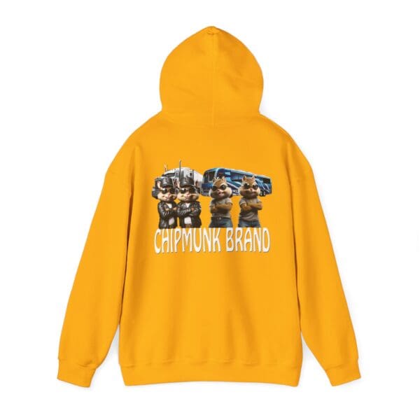 Chipmunk Family Graphic Hoodie in yellow, adorned with cartoon chipmunks and cars, featuring "CHIPMUNK BRAND" text on the back.