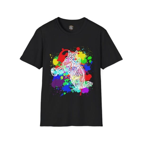 Black Splash Chipmunk T-Shirt showcasing a neon-colored cat playing a trumpet, set against vibrant splashes of paint.