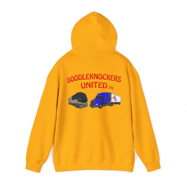 Yellow hoodie with two trucks and the phrase "Doodleknockers United TM" printed on the back, known as the Doodleknockers Bus and Truck Hoodie.