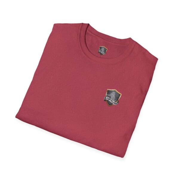 A maroon "Put Your Lips To Good Use" t-shirt, folded neatly, featuring a small shield-shaped logo with the word "Epicism" on the chest.