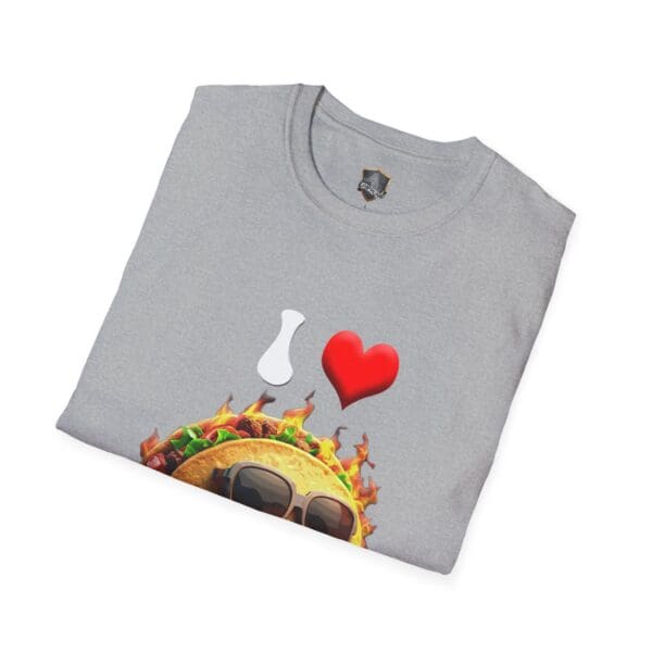 A folded gray "I Love Hot Taco T-Shirt" showcasing a graphic of a white bottle, red heart, and taco wearing sunglasses.