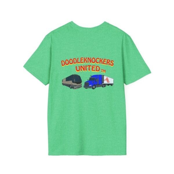 Doodleknockers Bus and Truck T-Shirt in green, featuring the "Doodleknockers United" text and images of two trucks on the back.