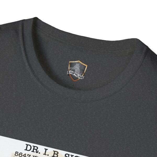 Close-up of the Laughter T-Shirt in gray, featuring a small shield logo with an image of a chipmunk above the word "Chipmunk." Partially visible text at the bottom reads “DR. I.B. SIG," followed by numbers.