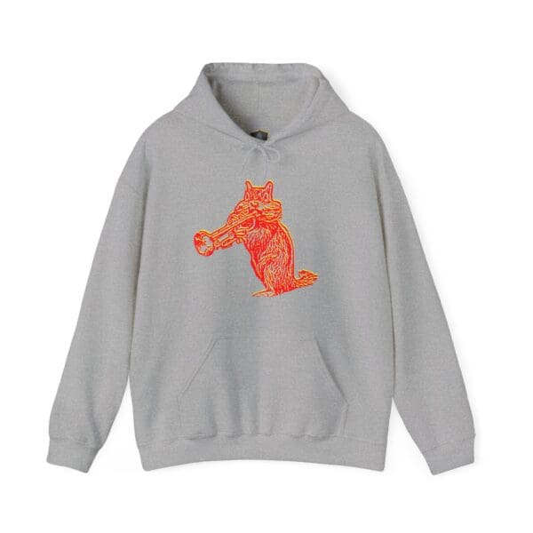 Chipmunk Hoodie in gray, showcasing an orange illustration of a fox playing a trumpet.