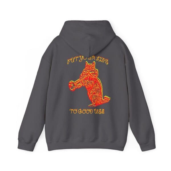 Put Your Lips To Good Use Hoodie in gray, showcasing a stylized orange animal playing a trumpet with text surrounding the image.