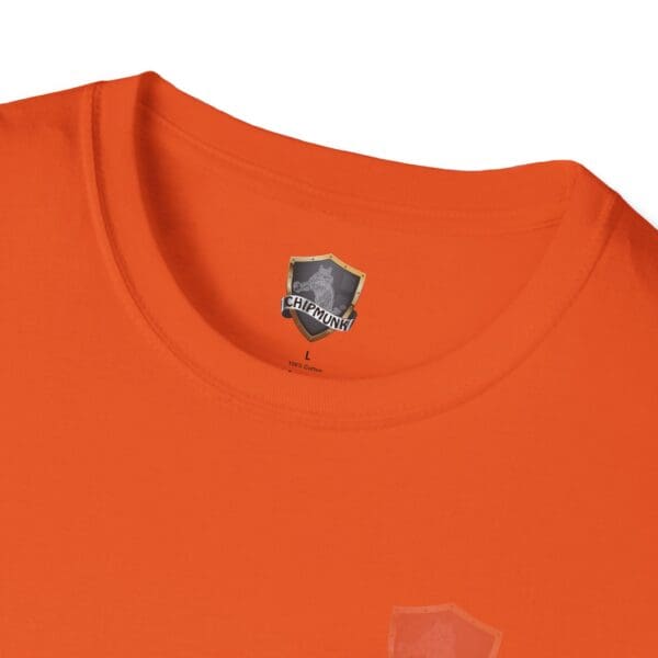 You Saw It Because We Brought It T-shirt in orange, featuring a Chipmunk logo on the inside label near the neckline.