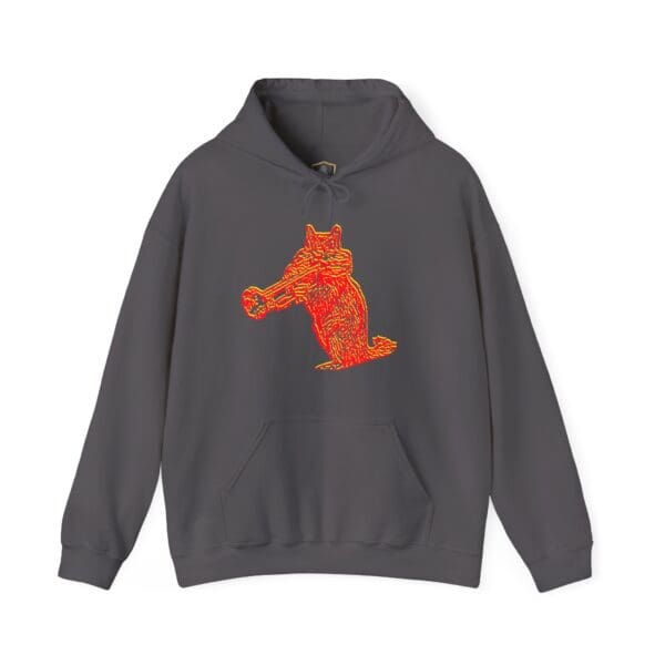 Chipmunk Hoodie in dark gray featuring a vibrant outlined graphic of a fox playing a trumpet on the front.