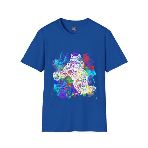 Smoked Chipmunk T-Shirt in blue, showcasing a neon outline of an animal playing a trumpet surrounded by vibrant, colorful swirls.