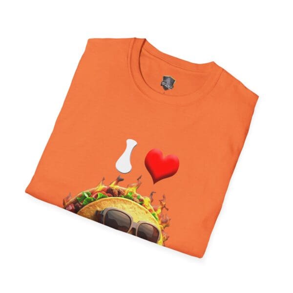 I Love Hot Taco T-Shirt featuring a taco graphic with sunglasses, a white bottle, and a red heart above it.