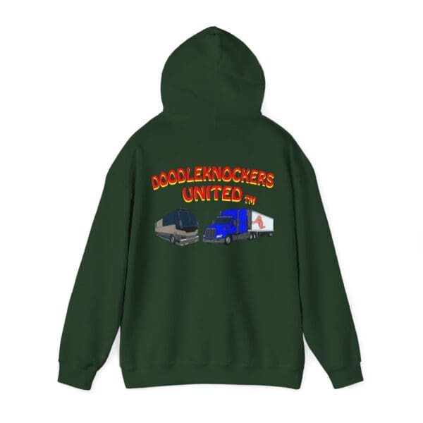 The Doodleknockers Bus and Truck Hoodie in green features the text "DOODLEKNOCKERS UNITED" along with images of two trucks on the back.