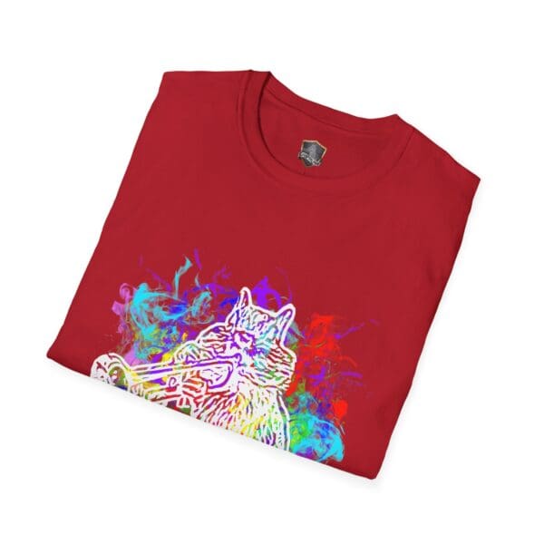 Smoked Chipmunk T-Shirt in red, showcasing a graphic of a cat playing a trumpet amidst vibrant smoke.