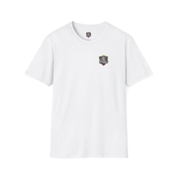 The Show T-Shirt is a plain white t-shirt featuring a small black and gold shield logo on the left chest.