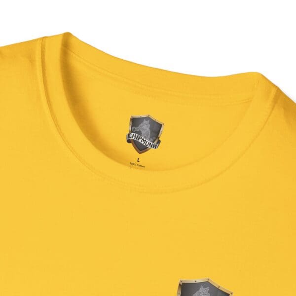 A close-up of a yellow Vacation T-Shirt featuring a "Chipmunk" logo and a size label marked "L," made from 100% cotton.