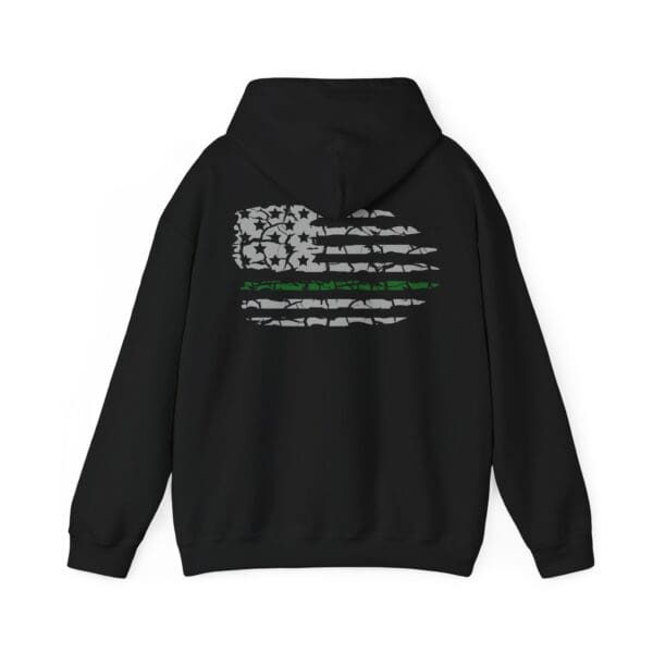 Military Support Hoodie featuring a distressed American flag on the back with a thin green line through the center.