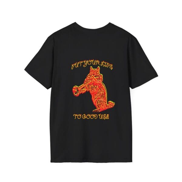 A black t-shirt featuring a red, stylized dog graphic playing a trumpet, with the text "Put Your Lips to Good Use.